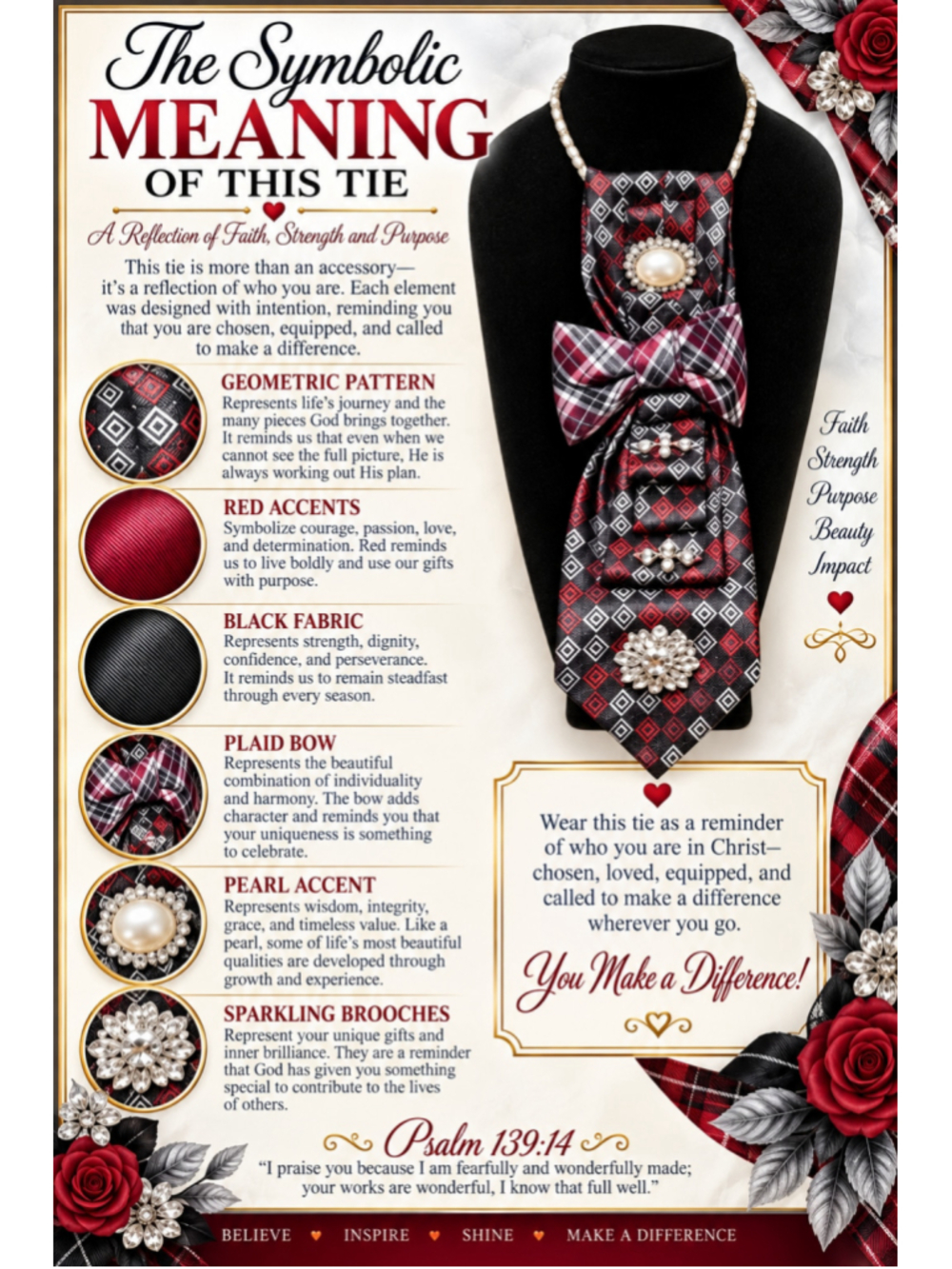 Red Black Plaid Embellished Necklace Tie
